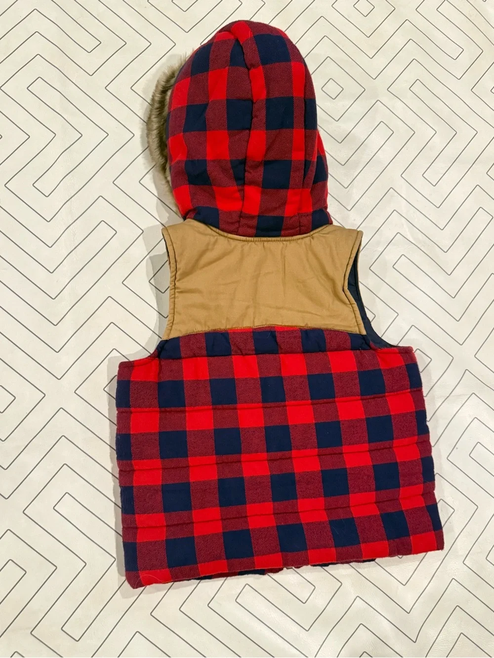Hana Andersson Navy and Red Plaid Hooded Vest
